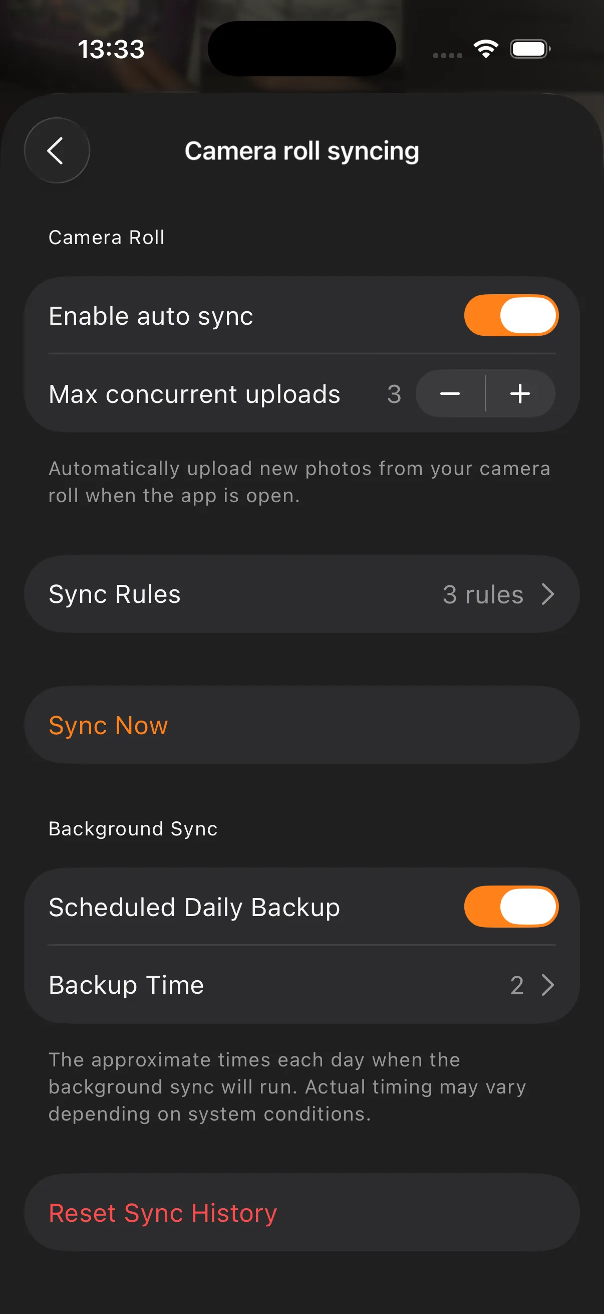 Photoflare – camera roll syncing settings