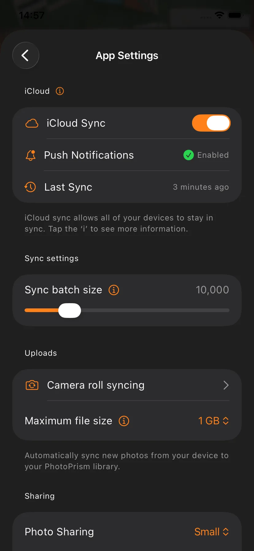 Prismic iOS app settings – connect to your PhotoPrism server