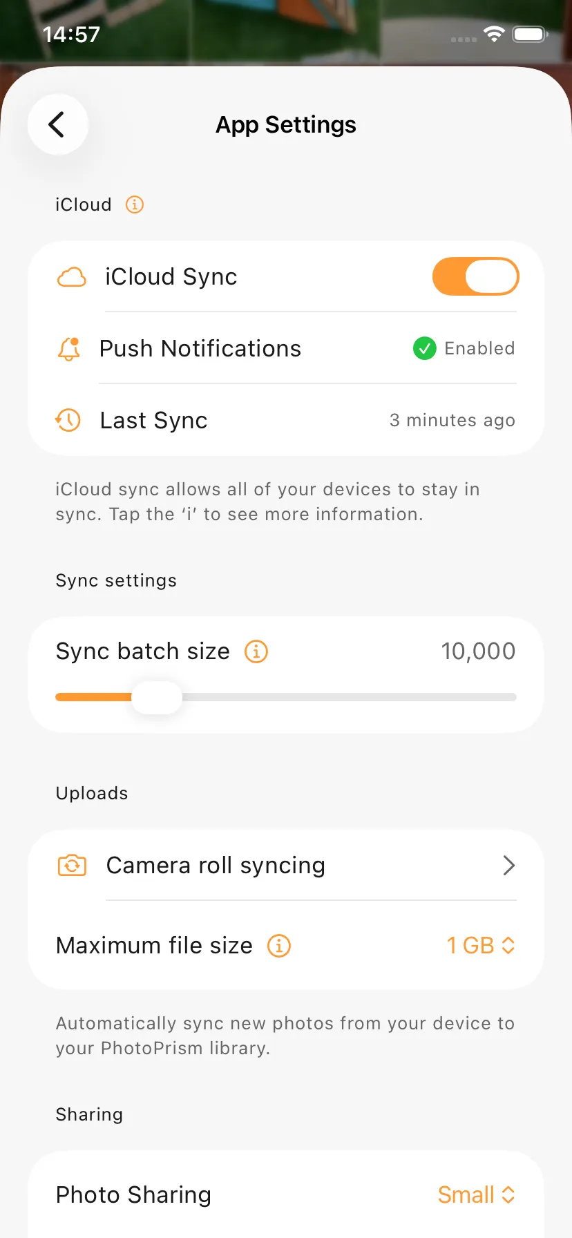 Prismic iOS app settings – connect to your PhotoPrism server